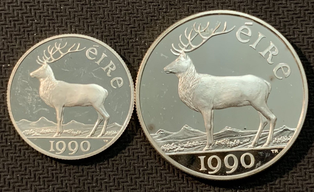 紫瑗钱币—微拍第13期 —批发场 爱尔兰 1990年  驯鹿 5 10埃局 一对 共42.42克 0.925银