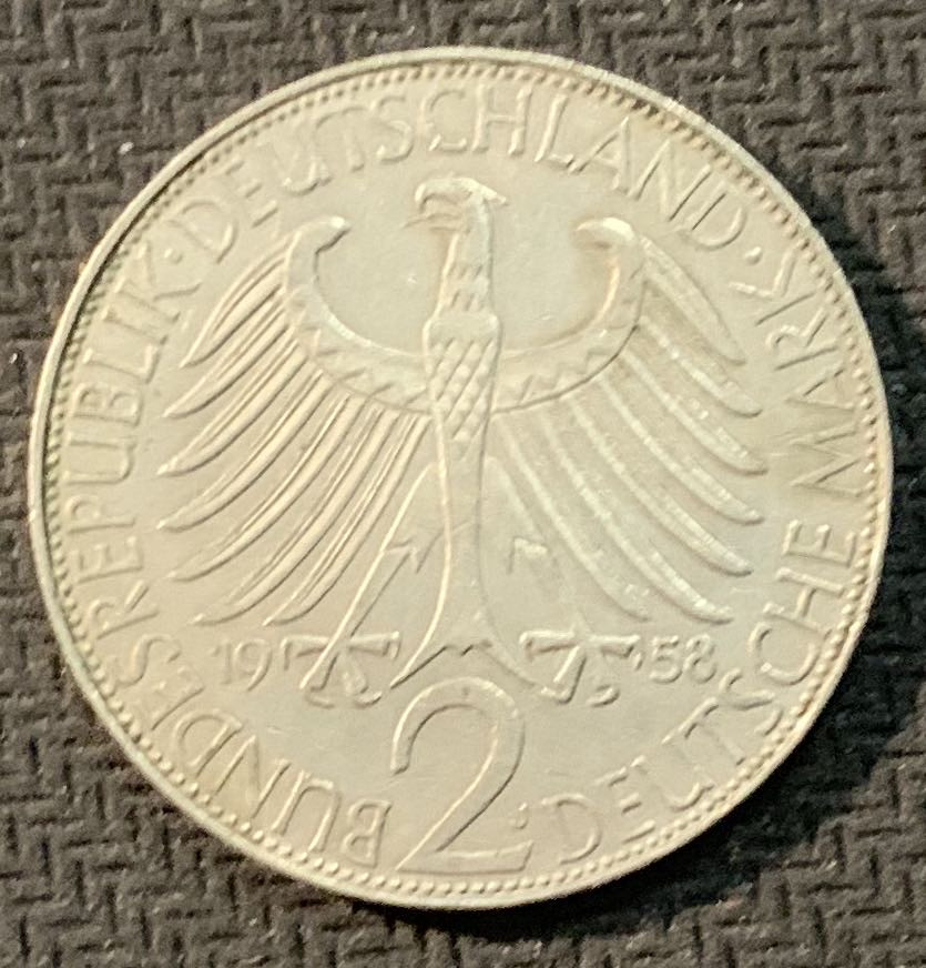 紫瑗钱币—微拍第13期 —批发场 德国 1958年  J版 卡尔 马克思 2马克 镍币