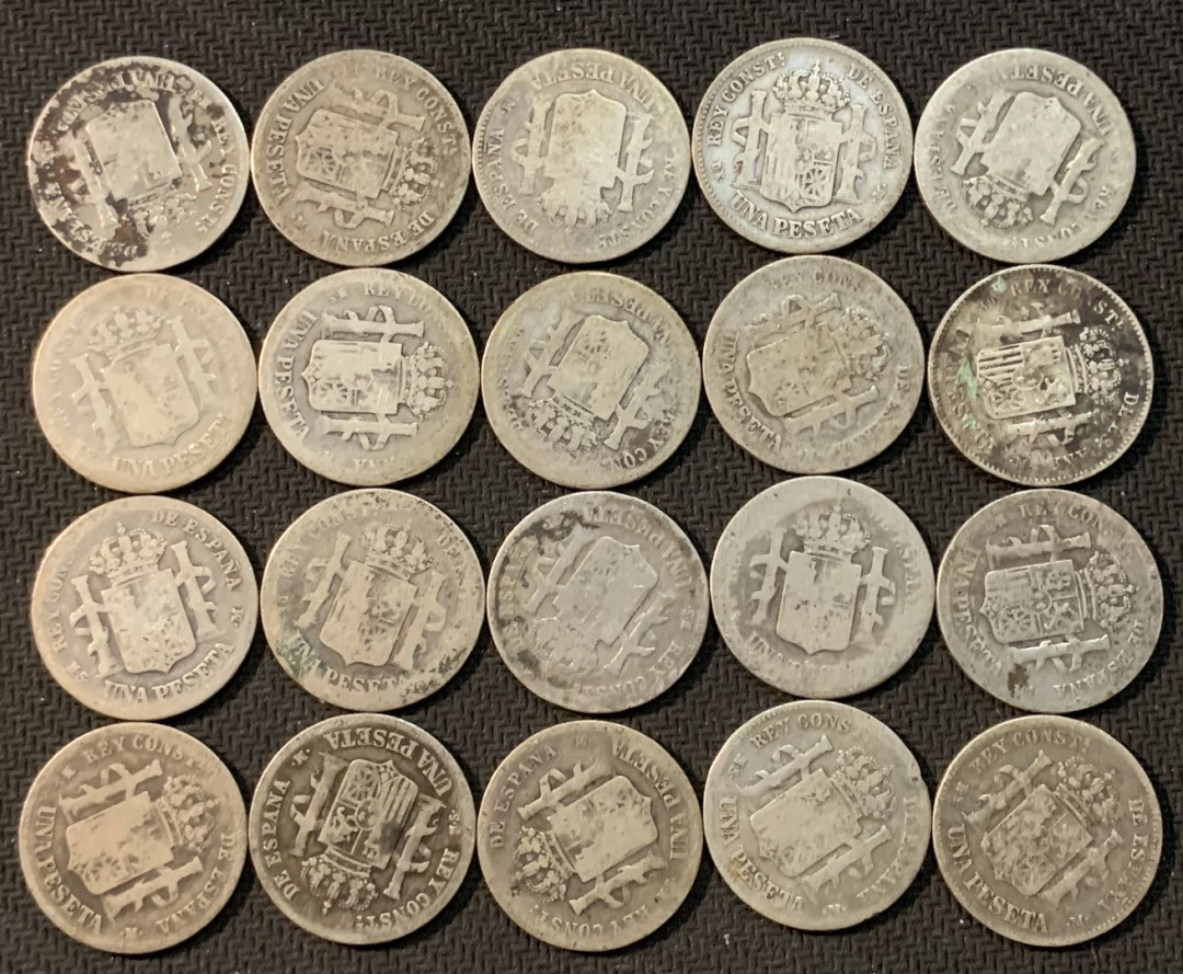 紫瑗钱币—微拍第13期 —批发场 西班牙 1876年—1885年 阿方索12世 1比塞塔 20枚一组 共100克 0.835银 高目录价