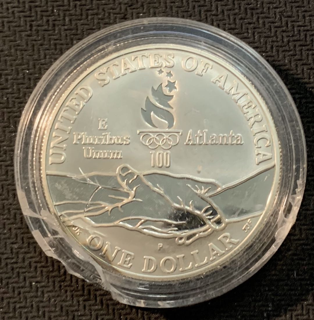 紫瑗钱币—微拍第13期 —批发场 美国 1995年 亚特兰大奥运会 自行车  1元  26.73克 0.9银 精制 盒有损坏 币完好
