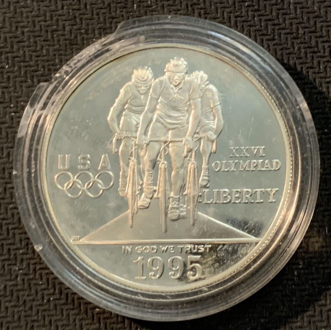 紫瑗钱币—微拍第13期 —批发场 美国 1995年 亚特兰大奥运会 自行车  1元  26.73克 0.9银 精制 盒有损坏 币完好
