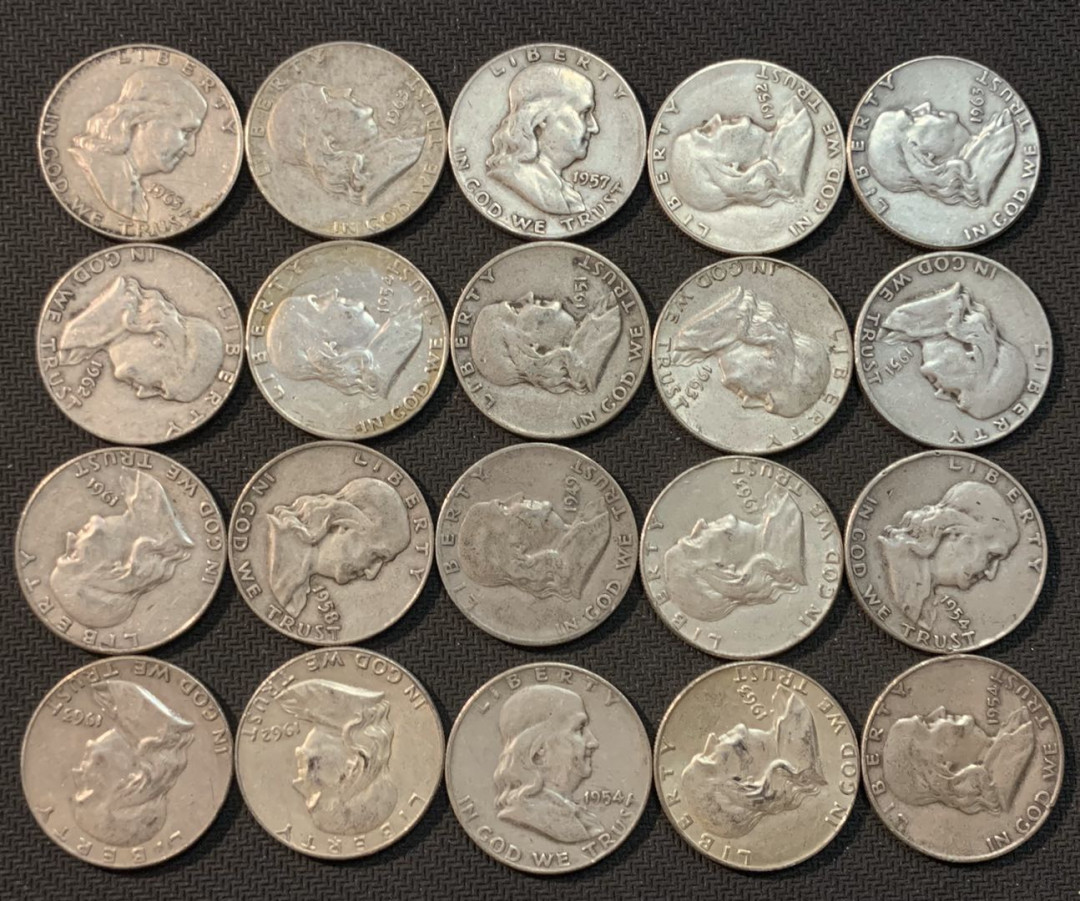 紫瑗钱币—微拍第13期 —批发场 美国 1948—1963年 富兰克林 50美分 20枚一组 共250克 0.9银