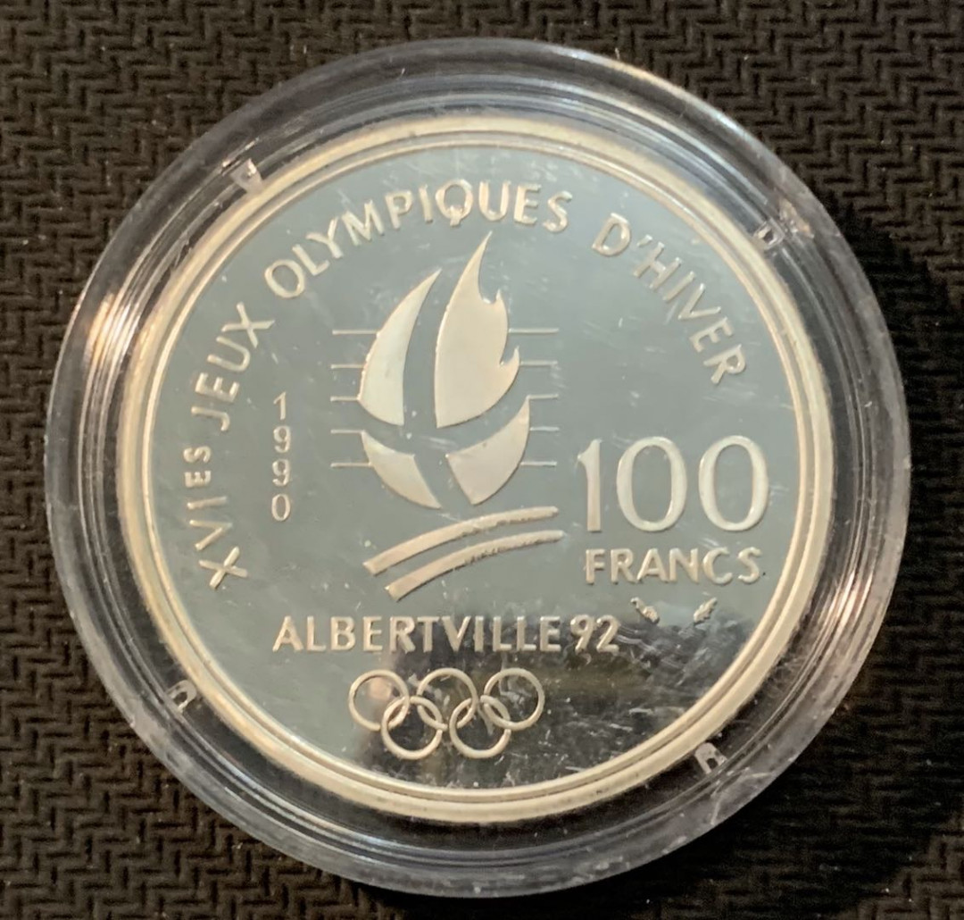 紫瑗钱币—微拍第13期 —批发场 法国 1990年 速度滑雪 100法郎 22.2克 0.9银 精制