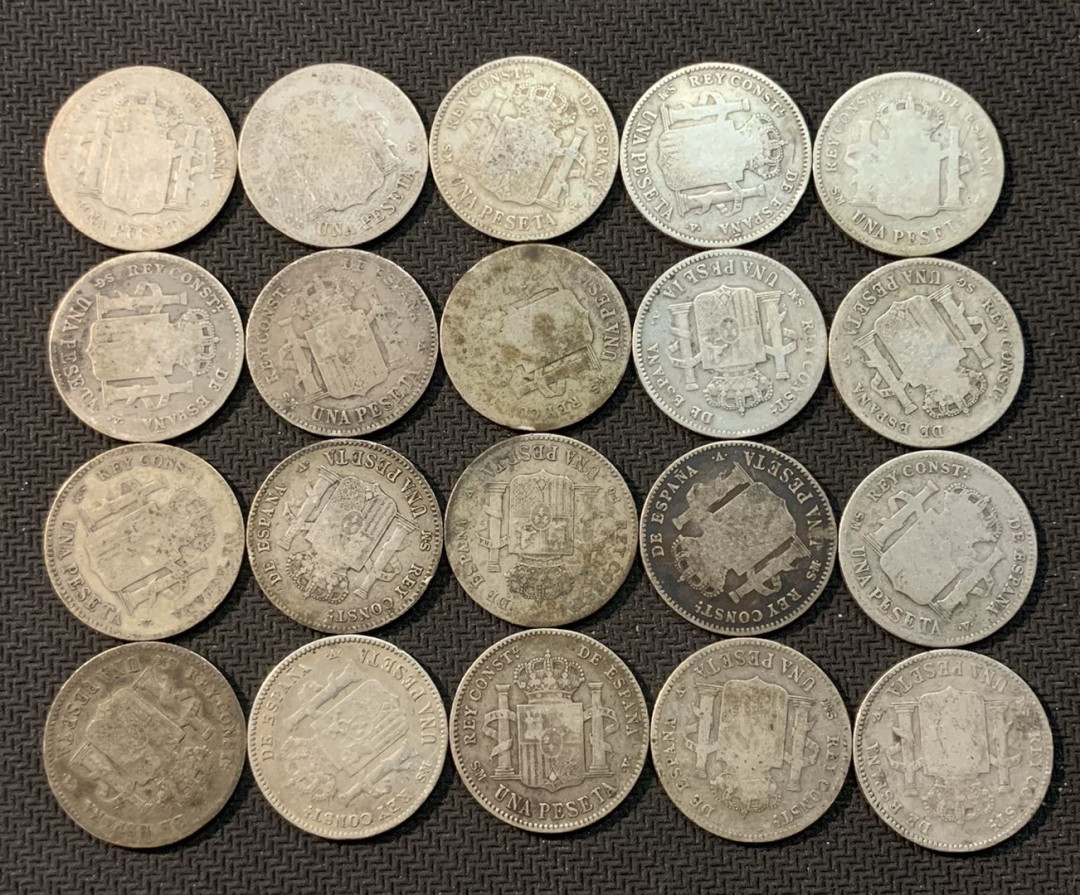 紫瑗钱币—微拍第13期 —批发场 西班牙 1896—1900年 阿方索13世 1比塞塔 20枚一组 共100克 0.835银