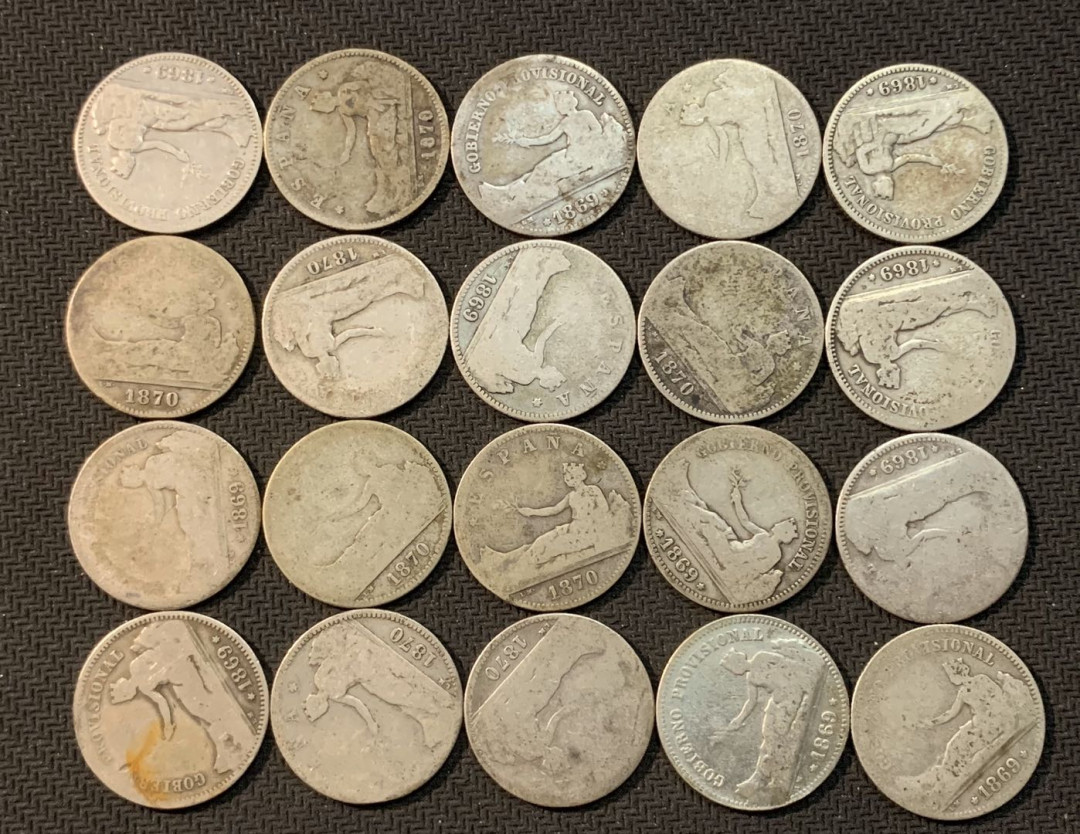 紫瑗钱币—微拍第13期 —批发场 西班牙 1869—1870年 拿花 1比塞塔 20枚一组 共100克 0.835银