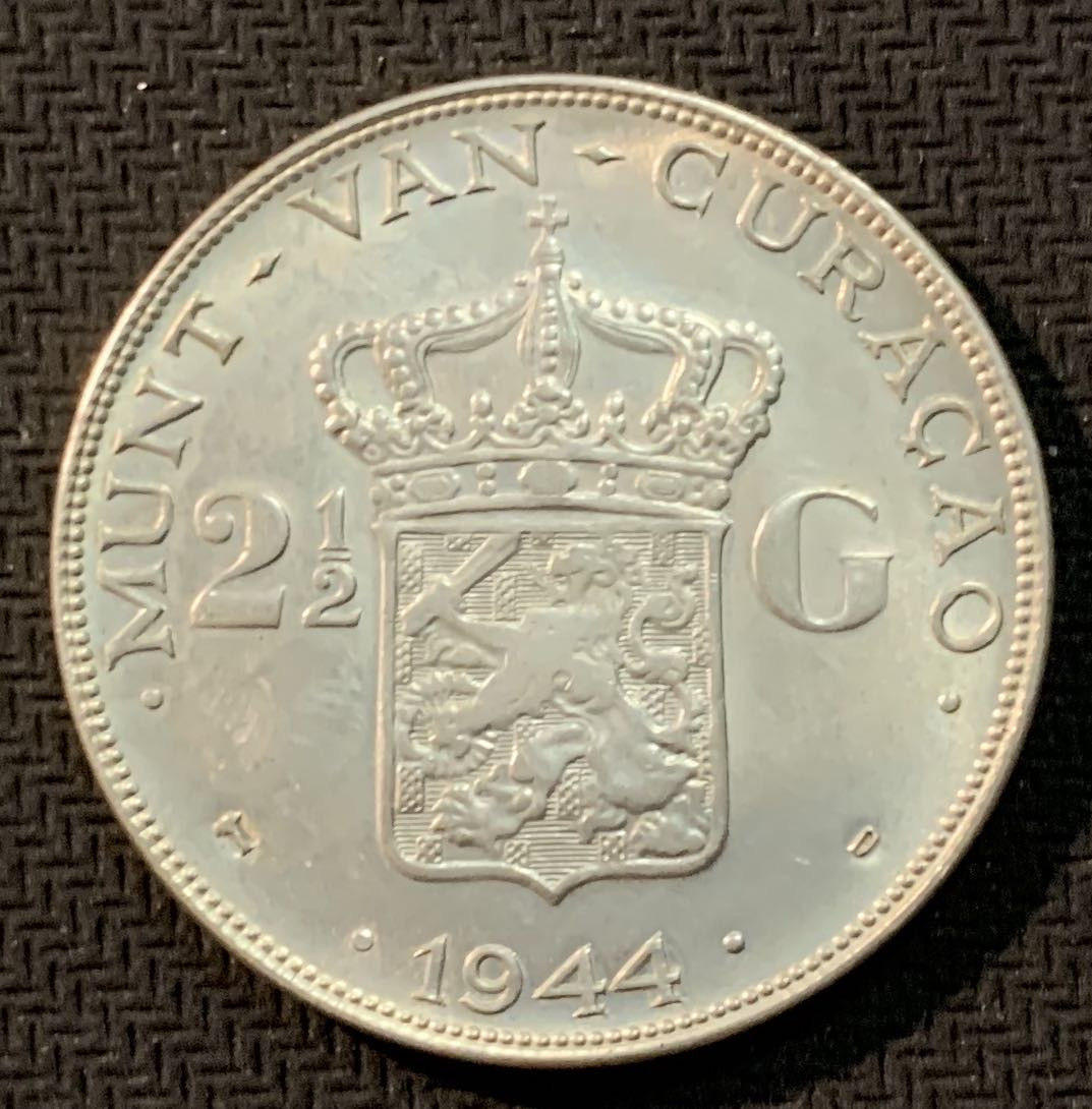 紫瑗钱币—微拍第13期 —批发场 荷属库卡索 1944年 2.5盾 25克 0.72银 BU