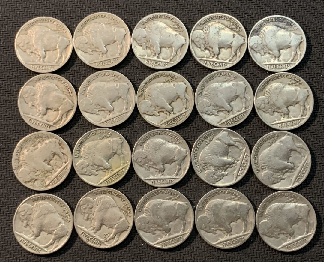 紫瑗钱币—微拍第13期 —批发场 美国 1913—1938年 牦牛 5美分 20枚一组 全年分版 