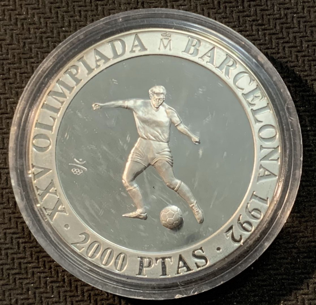 紫瑗钱币—微拍第13期 —批发场 西班牙 1990年 奥运会 足球 2000比塞塔 27克 0.925银 精制