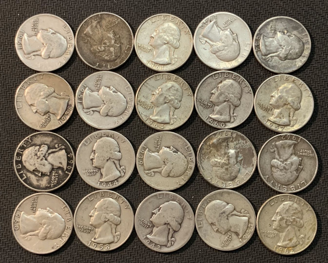 紫瑗钱币—微拍第13期 —批发场 美国 1932—1964年 华盛顿 25美分 20枚一组 共125克 0.9银