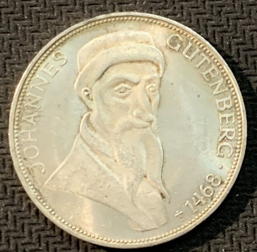 紫瑗钱币—微拍第13期 —批发场 德国 1968年 G厂 古登贝格500周年 5马克 11.2克 0.625银