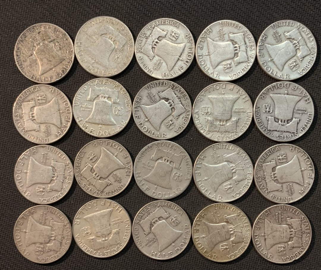紫瑗钱币—微拍第13期 —批发场 美国 1948—1963年 富兰克林 50美分 20枚一组 共250克 0.9银