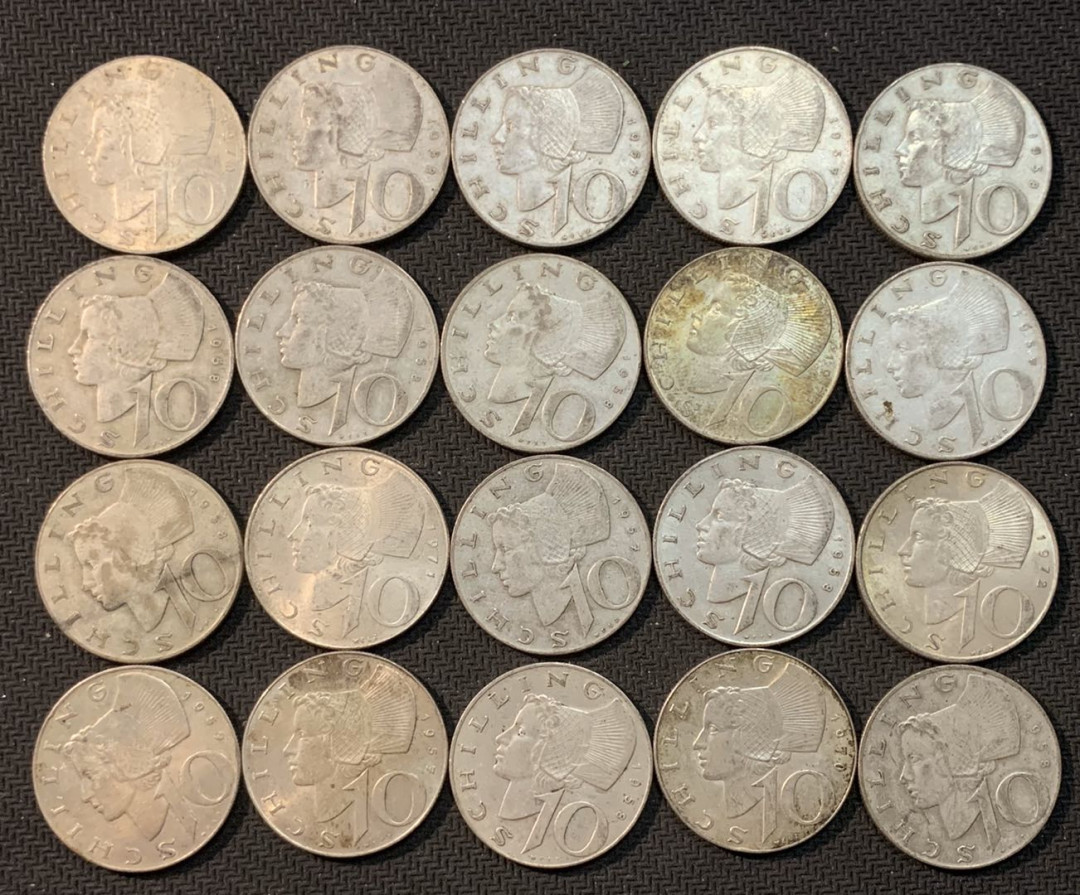 紫瑗钱币—微拍第13期 —批发场 奥地利 1957—1973年 10先令 20枚一组 共150克 0.64银