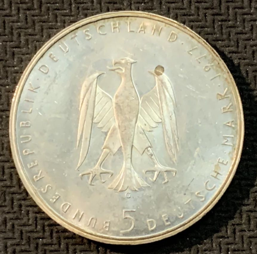 紫瑗钱币—微拍第13期 —批发场 德国 1977年  G厂 克莱斯特200周 5马克 11.2克 0.625银