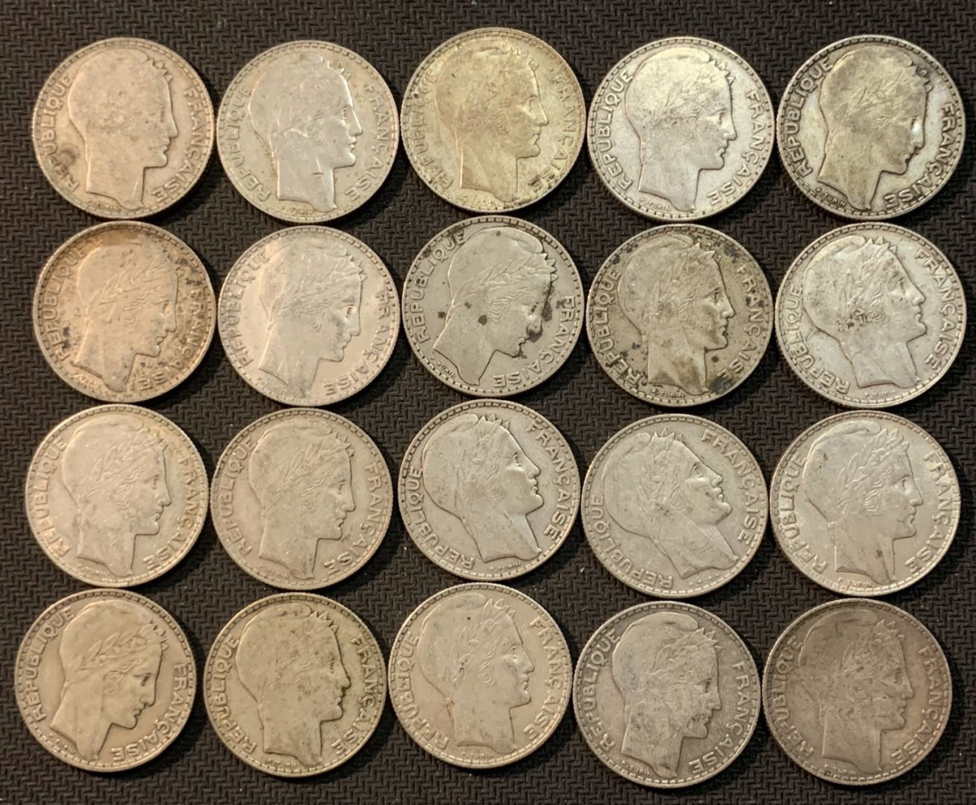 紫瑗钱币—微拍第13期 —批发场 法国 1929—1939年 自由女神 10法郎 20枚一组 共200克 0.68银 