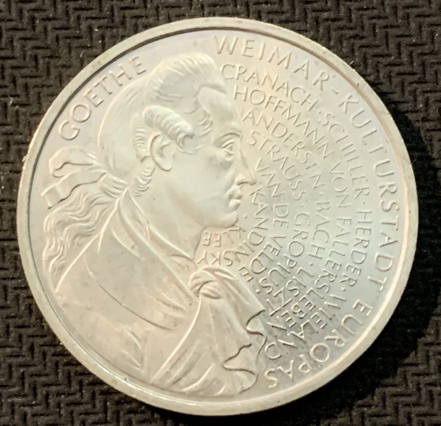 紫瑗钱币—微拍第13期 —批发场 德国 1999年 F厂 歌德诞辰250周年 10马克 15.5克 0.925银 