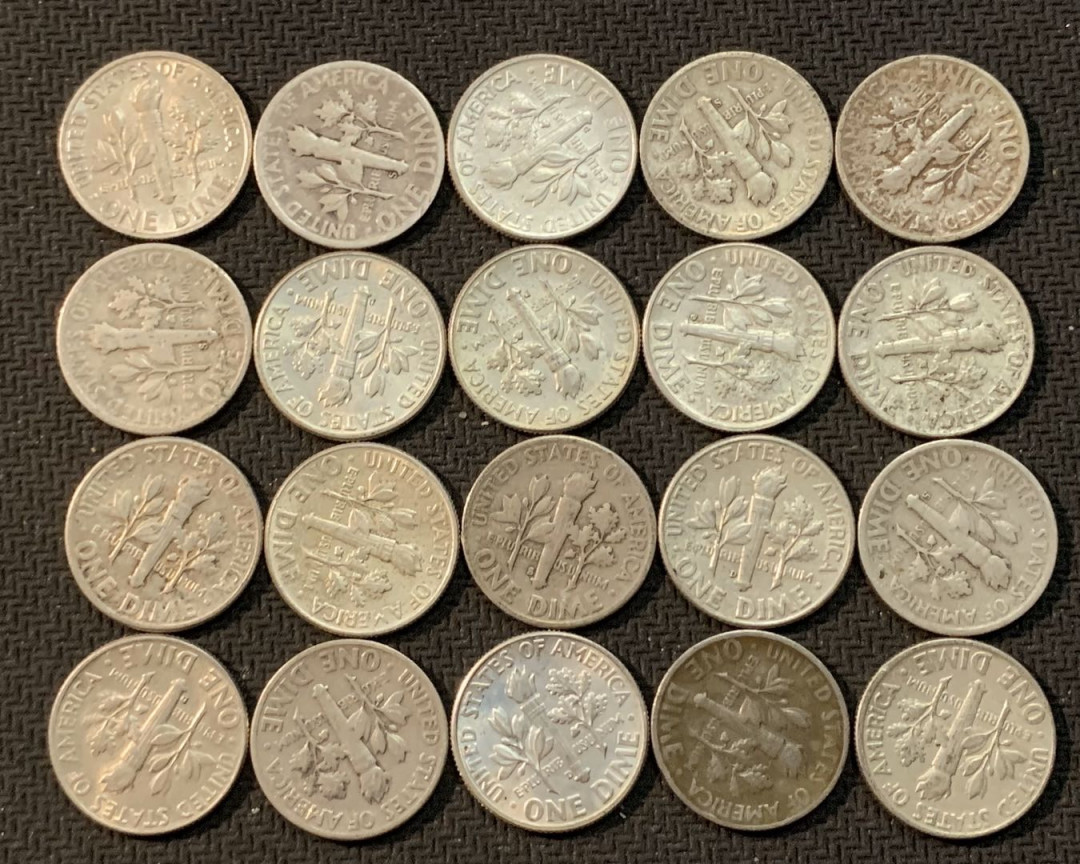 紫瑗钱币—微拍第13期 —批发场 美国 1946—1964年 罗斯福 10美分 银币 20枚一组 共50克 0.9银