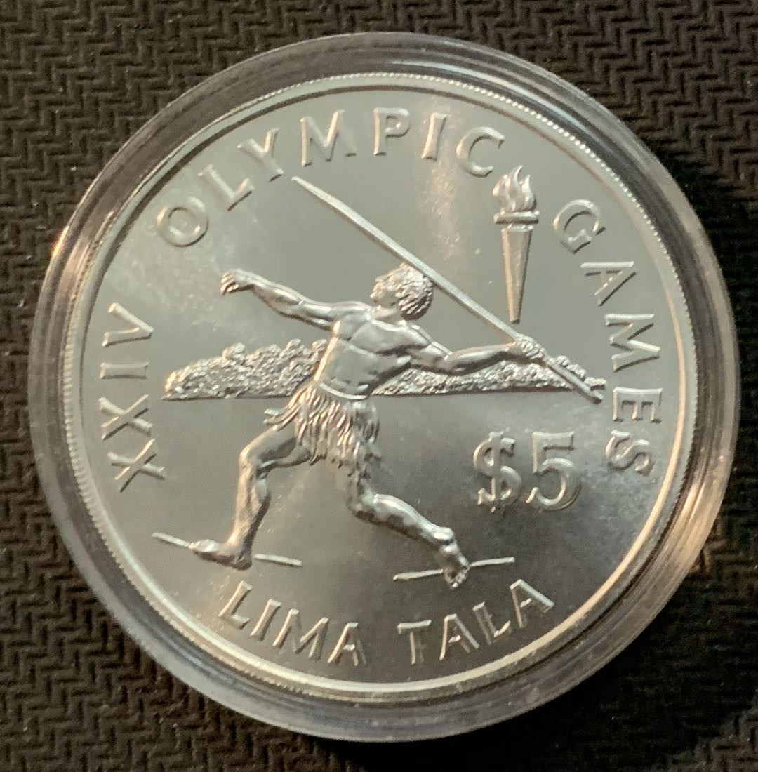 紫瑗钱币—微拍第13期 —批发场 托克劳 1988年 奥运会 标枪 5塔拉 27克 0.925银