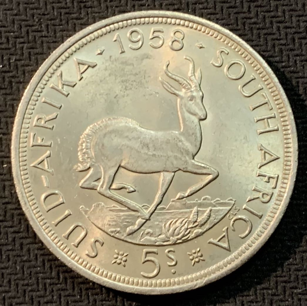 紫瑗钱币—微拍第13期 —批发场 南非 1958年 伊丽莎白二世  羚羊 5先令 28.28 0.5银 BU