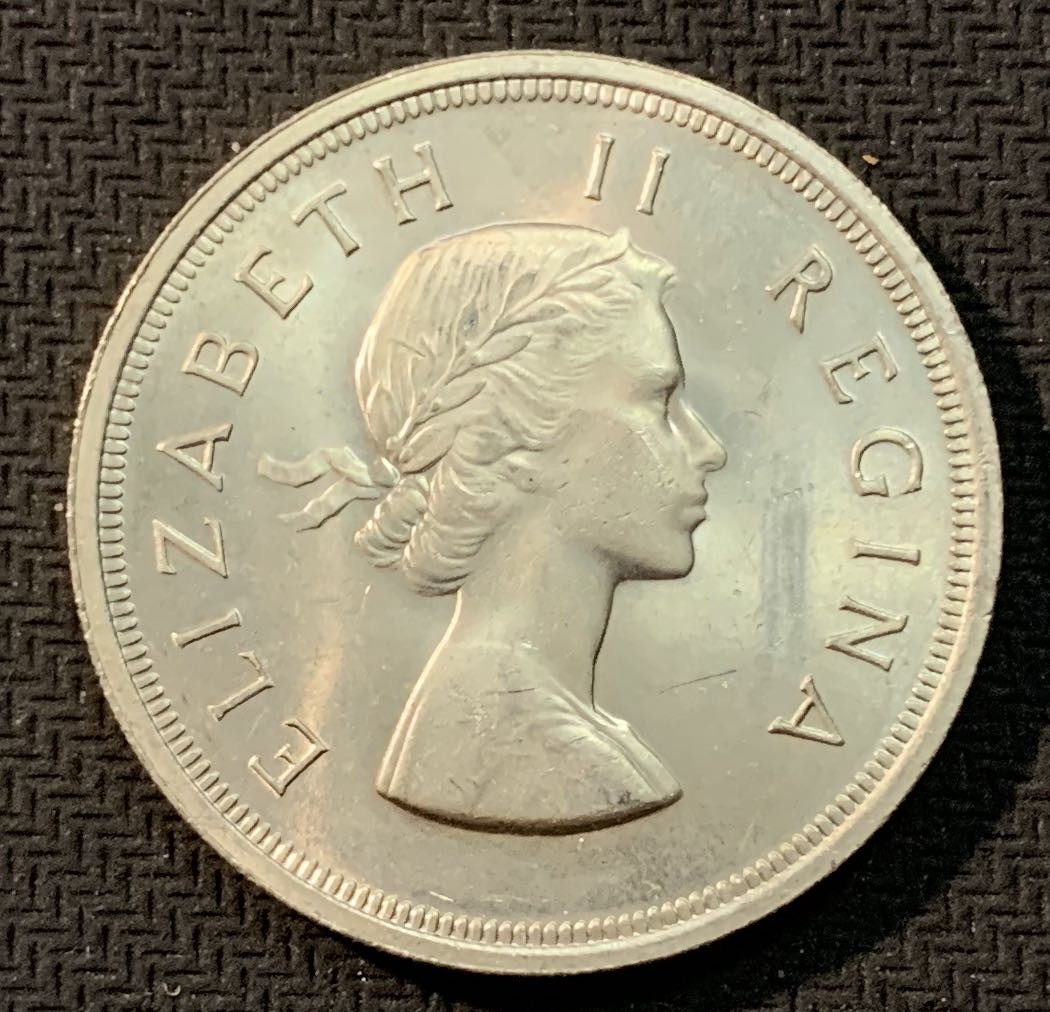 紫瑗钱币—微拍第13期 —批发场 南非 1958年 伊丽莎白二世  羚羊 5先令 28.28 0.5银 BU