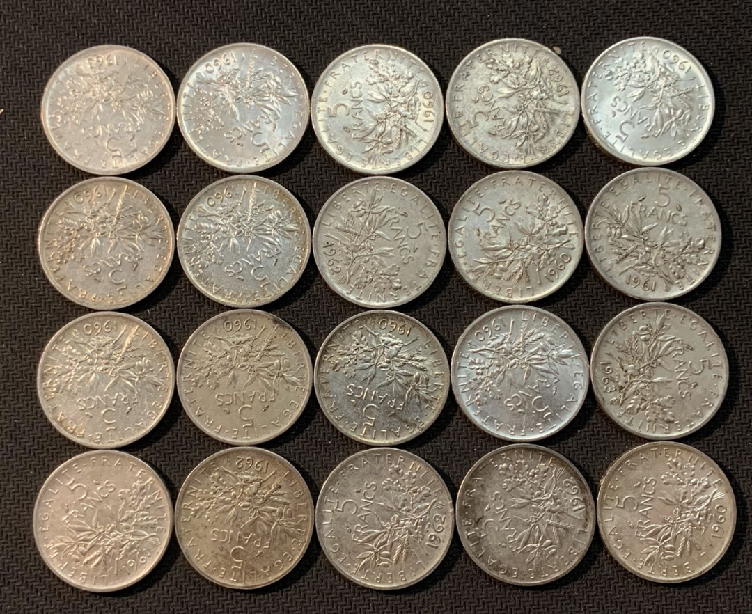 紫瑗钱币—微拍第13期 —批发场 法国 1960—1969年 播种 5法郎 20枚一组 共240克 0.835银