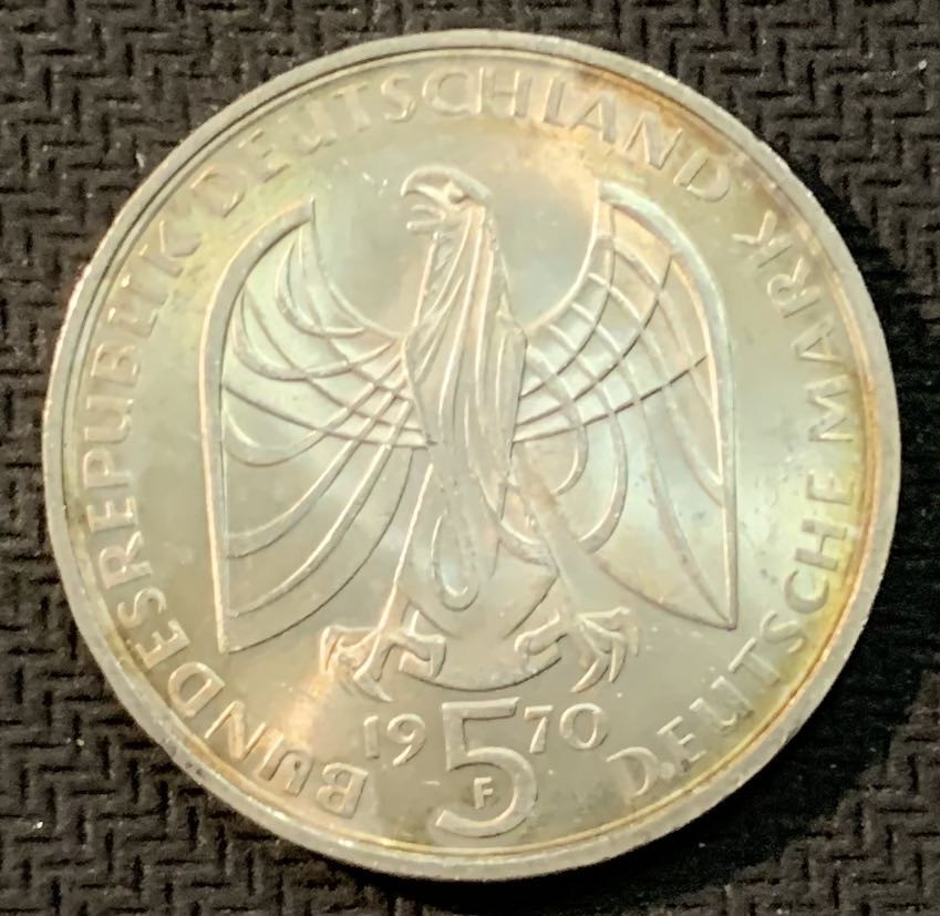 紫瑗钱币—微拍第13期 —批发场 德国 1970年 F厂 贝多芬200周年  5马克 11.2克 0.25银