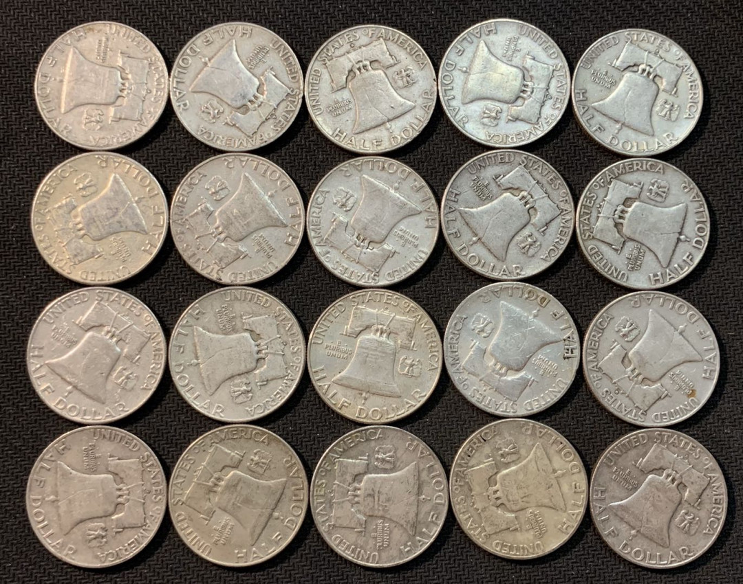 紫瑗钱币—微拍第14期  美国 1948—1963年 富兰克林 50美分 20枚一组 共250克 0.9银