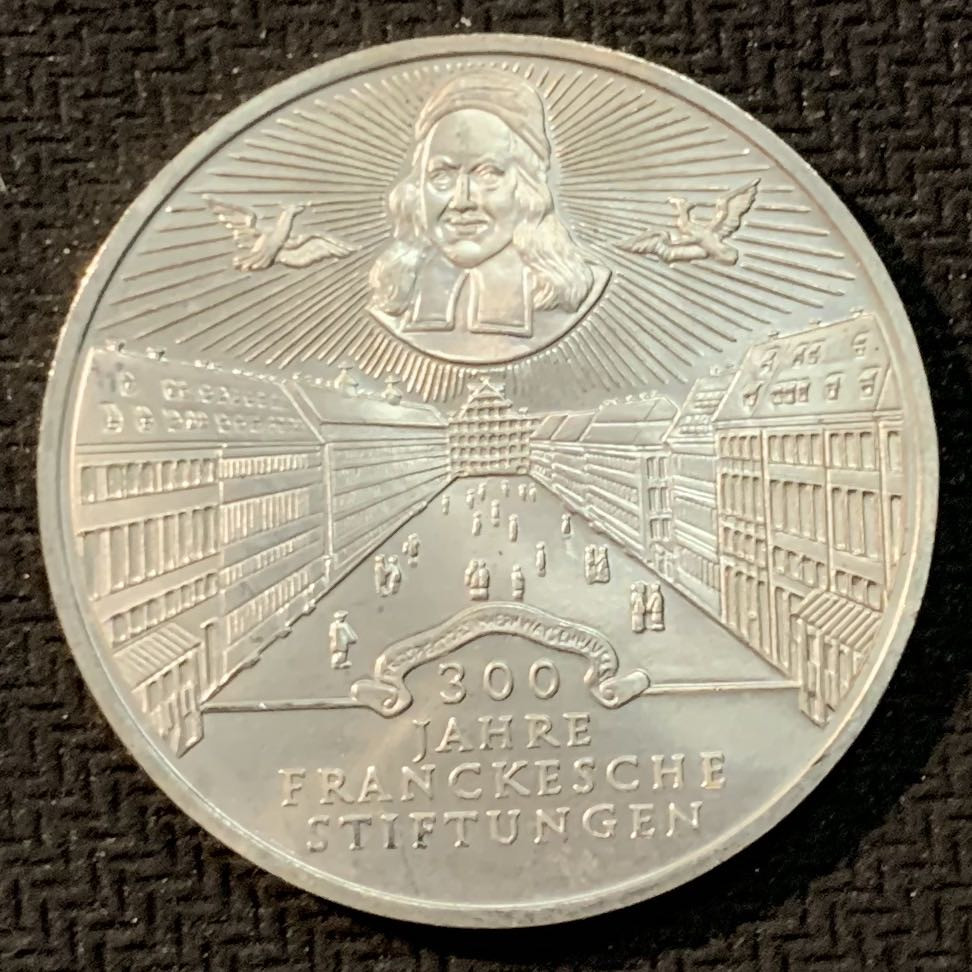 紫瑗钱币—微拍第14期  德国 1998年 A厂 弗朗克慈善会300周年 10马克 15.5克 0.925银 