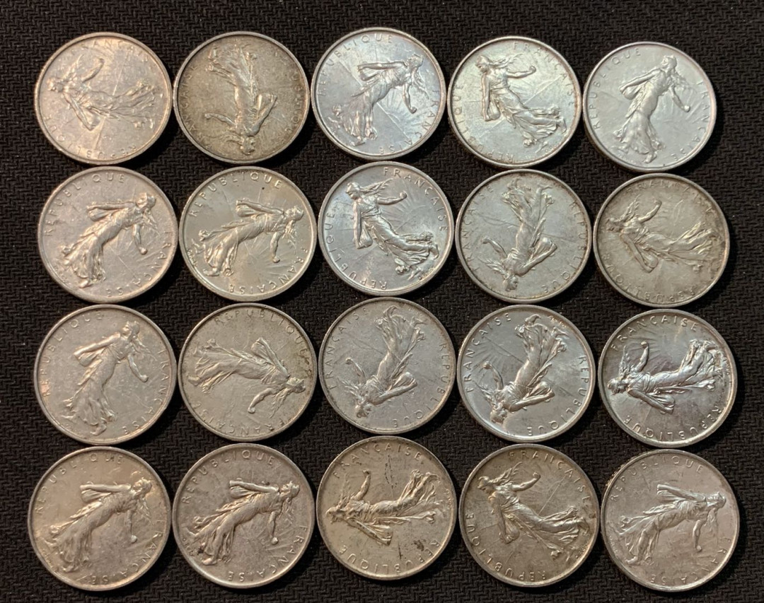 紫瑗钱币—微拍第14期  法国 1960—1969年 播种 5法郎 20枚一组 共240克 0.835银