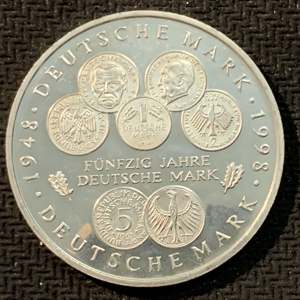 紫瑗钱币—微拍第14期  德国 1998年 F厂 联邦马克50周年 10马克 15.5 克 0.925银 