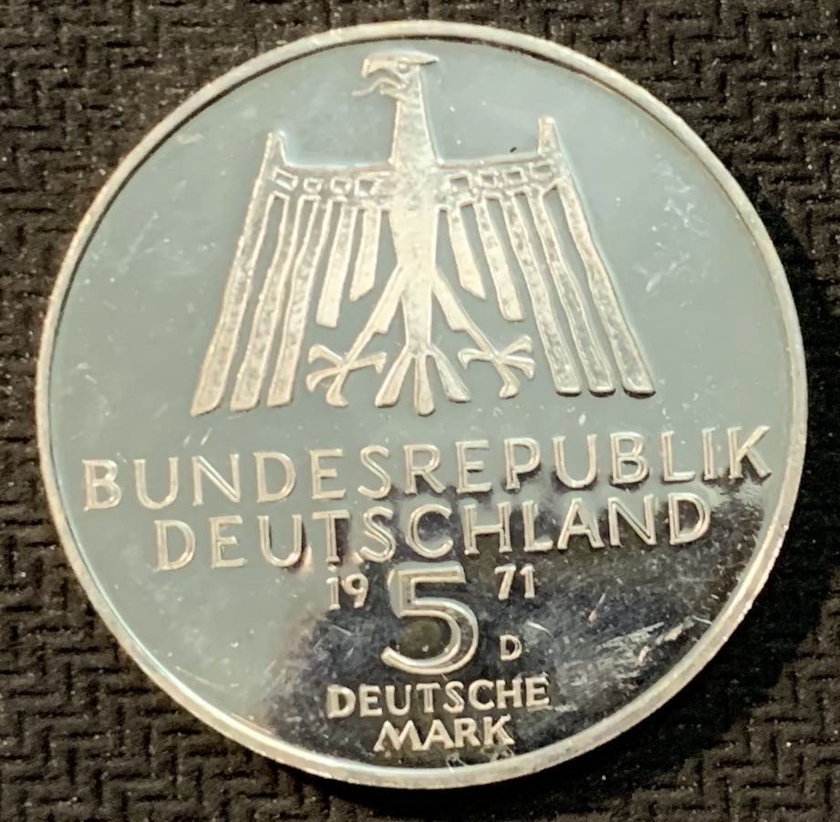 紫瑗钱币—微拍第14期  德国 1971年 D厂  丢勒500周年 5马克 11.2克 0.625银 精制