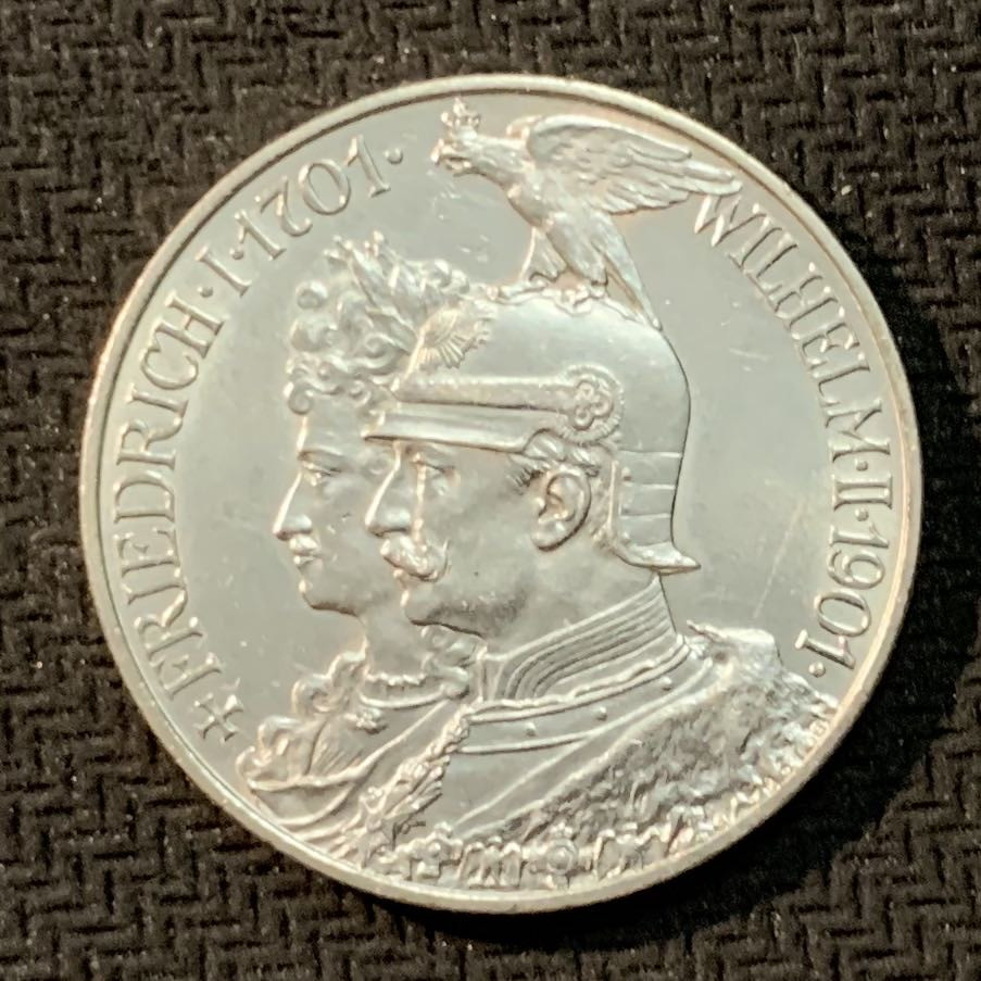 紫瑗钱币—微拍第14期  德国 普鲁士 1901年 建国200周年 2马克 11.11克 0.9银