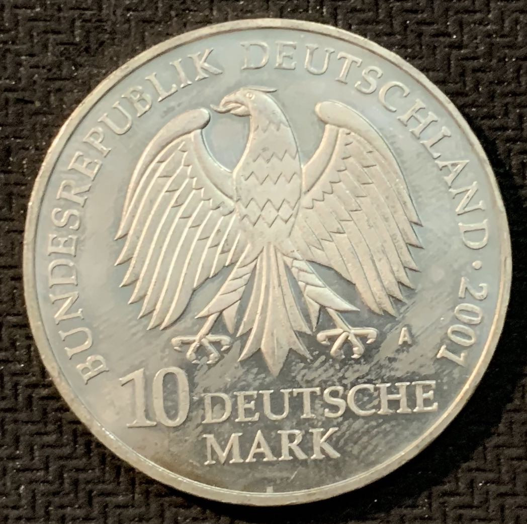 紫瑗钱币—微拍第14期  德国 2001年 A厂 国家古生物博物馆750周年 10马克 15.5克 0.925银 