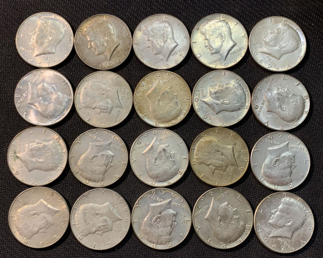 紫瑗钱币—微拍第14期  美国 1965—1970年 肯尼迪 50美分 20枚一组 共230克 0.4银