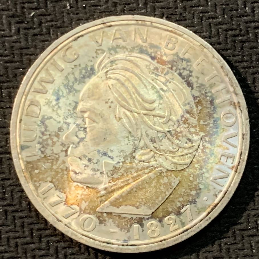 紫瑗钱币—微拍第14期  德国 1970年 F厂 贝多芬200周年  5马克 11.2克 0.25银