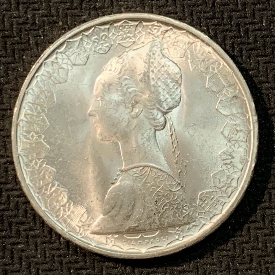 紫瑗钱币—微拍第14期  意大利 1966年 少女 500里拉 11克 0.835银 UNC