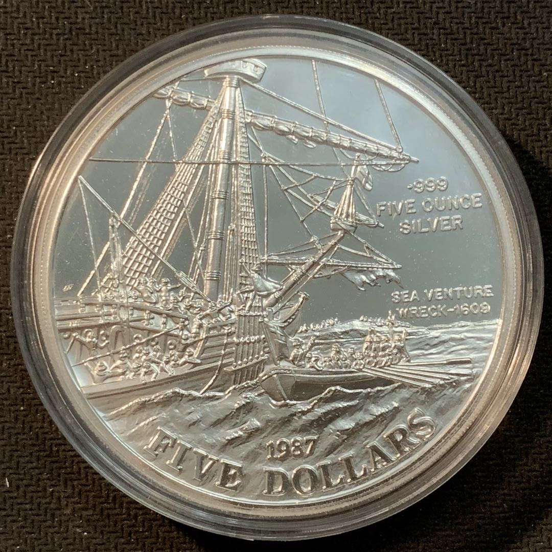 紫瑗钱币—微拍第14期  百慕大 1987年 百慕大神秘三角区 5元 155.6克 0.999银 原盒证书