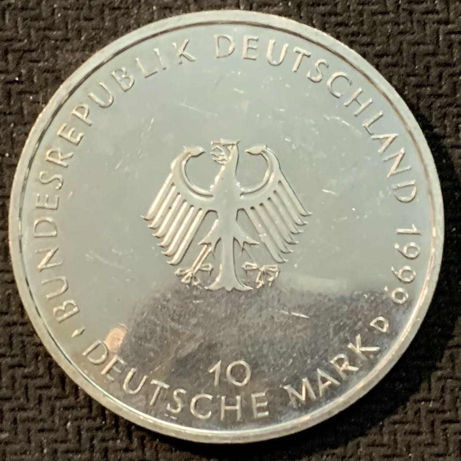 紫瑗钱币—微拍第14期  德国 1999年 D厂 宪法50周年  10马克 15.5克 0.925银