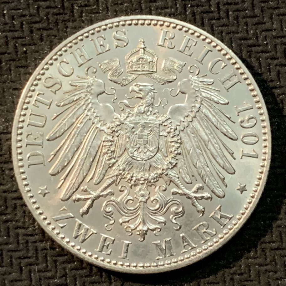 紫瑗钱币—微拍第14期  德国 普鲁士 1901年 建国200周年 2马克 11.11克 0.9银