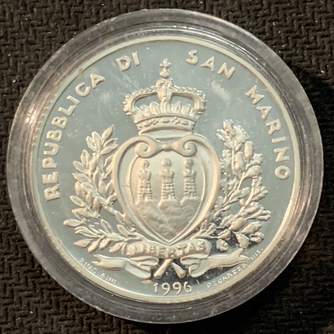 紫瑗钱币—微拍第14期  圣马力诺 1996年 保卫欧洲 10000里拉 22克 0.835银 精制