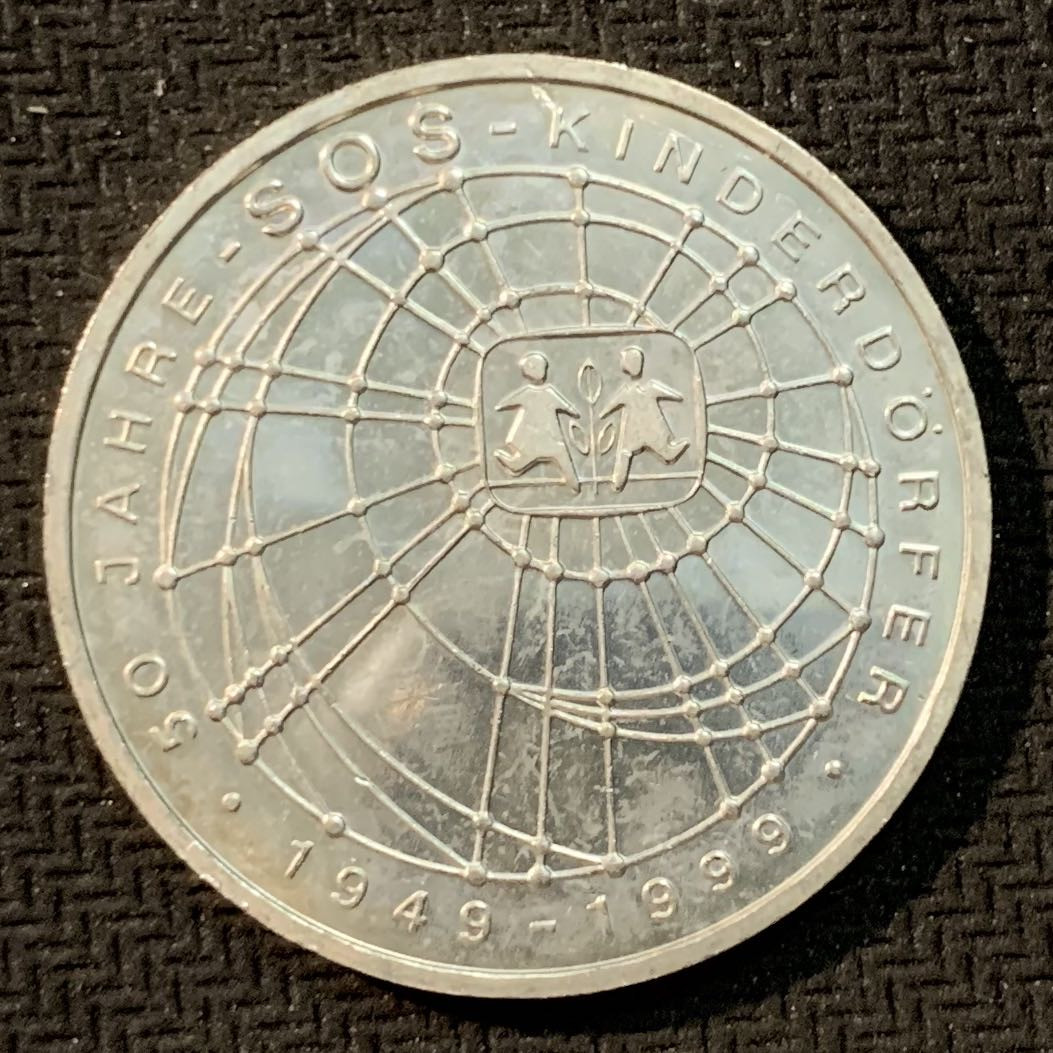 紫瑗钱币—微拍第14期  德国 1999年 J厂 SOS儿童村50周年 10马克 15.5克 0.925银 