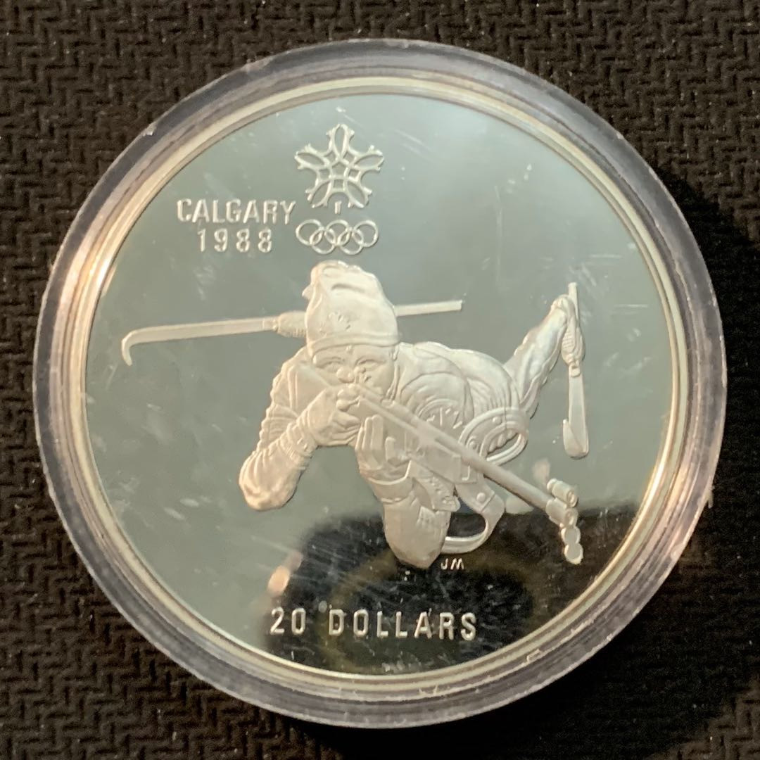 紫瑗钱币—微拍第14期  加拿大 1986年 卡尔加里冬奥会 卧射 20元  34.1克 0.925银 精制