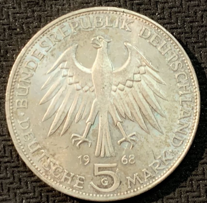 紫瑗钱币—微拍第14期  德国 1968年 G厂 古登贝格500周年 5马克 11.2克 0.625银