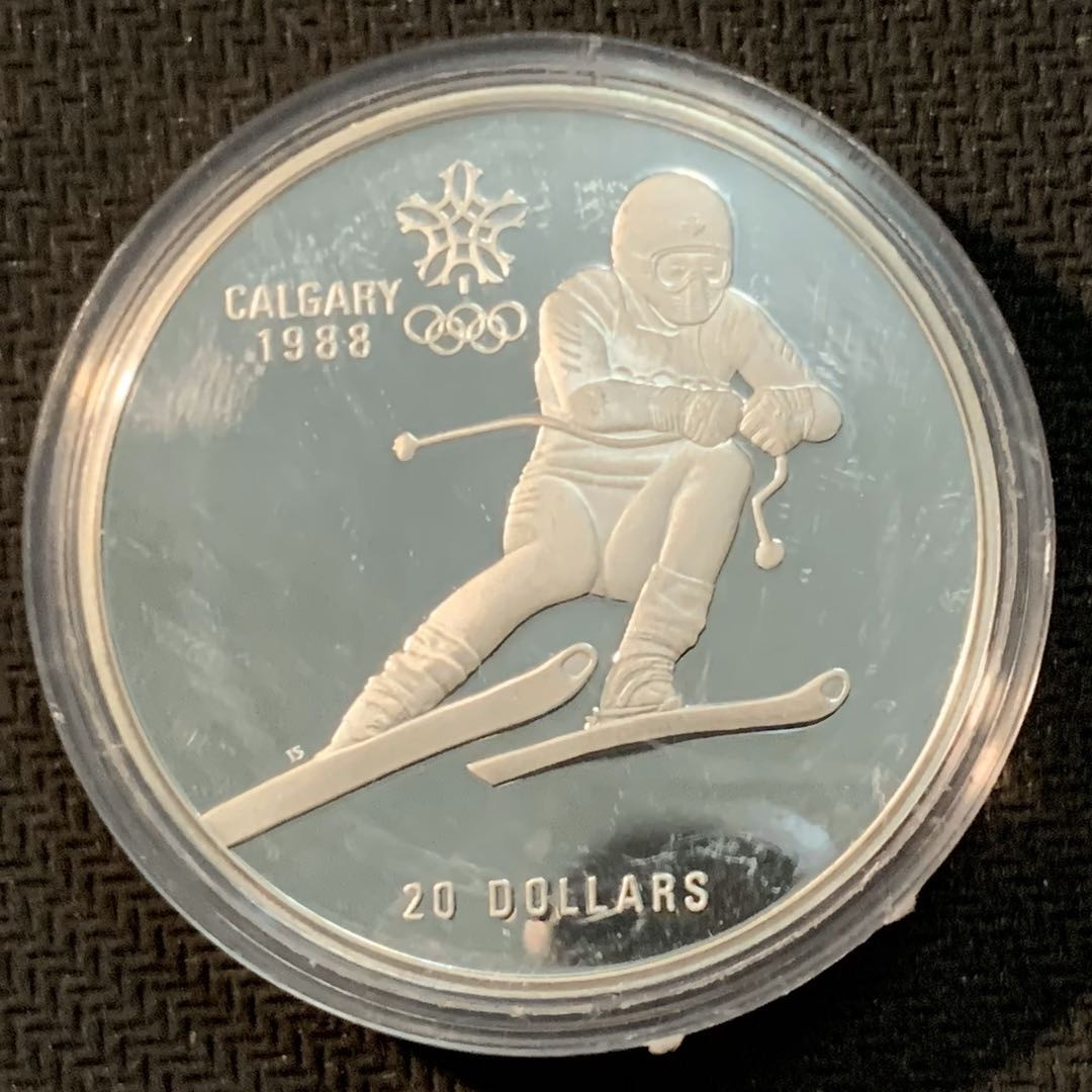 紫瑗钱币—微拍第14期  加拿大 1985年 卡尔加里冬奥运 越野滑雪 20元 银币 34.1克 0925银 精制