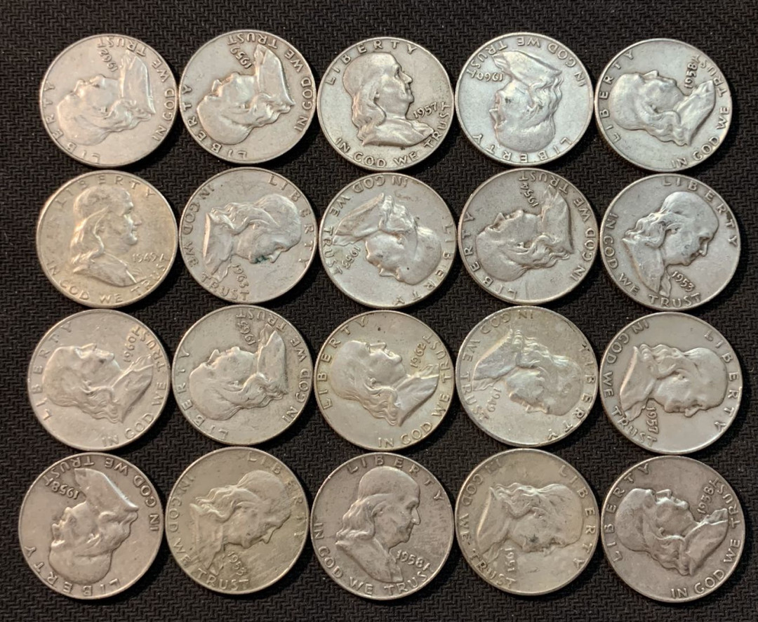 紫瑗钱币—微拍第14期  美国 1948—1963年 富兰克林 50美分 20枚一组 共250克 0.9银