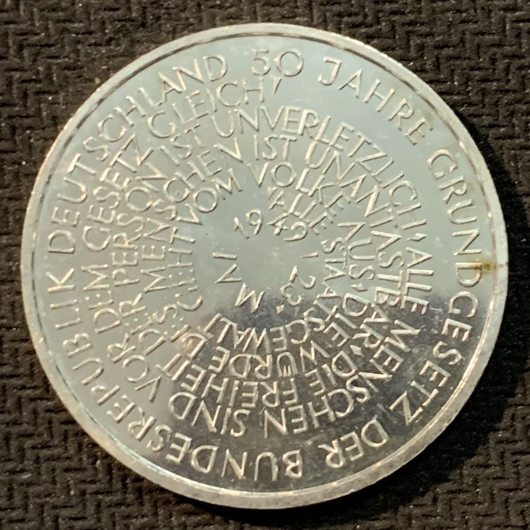 紫瑗钱币—微拍第14期  德国 1999年 D厂 宪法50周年  10马克 15.5克 0.925银