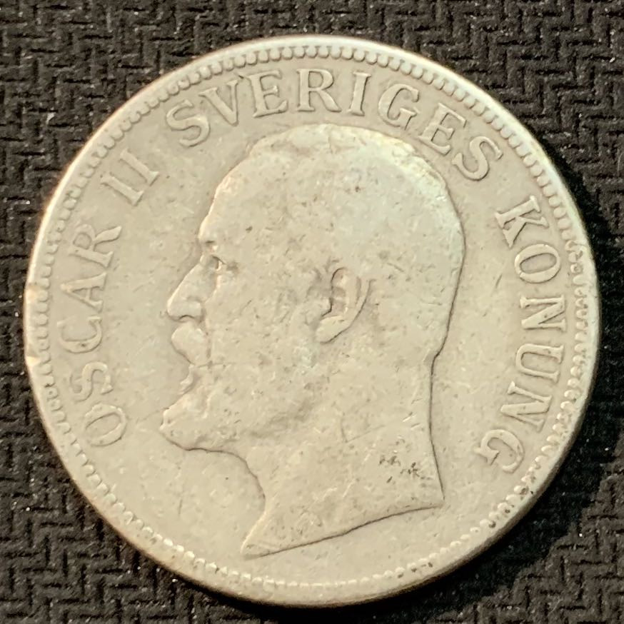 紫瑗钱币—微拍第14期  瑞典 1907年 奥斯卡二世 2克朗 银币 15克 0.8银