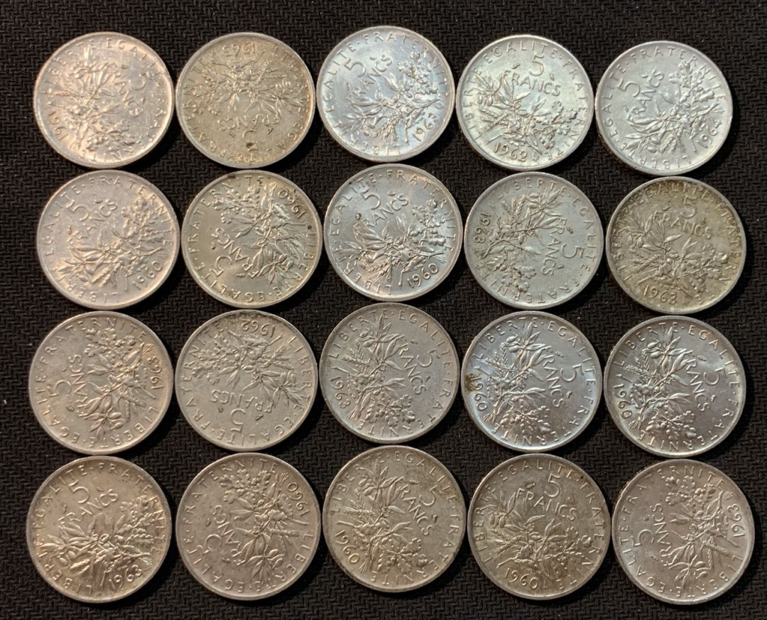 紫瑗钱币—微拍第14期  法国 1960—1969年 播种 5法郎 20枚一组 共240克 0.835银