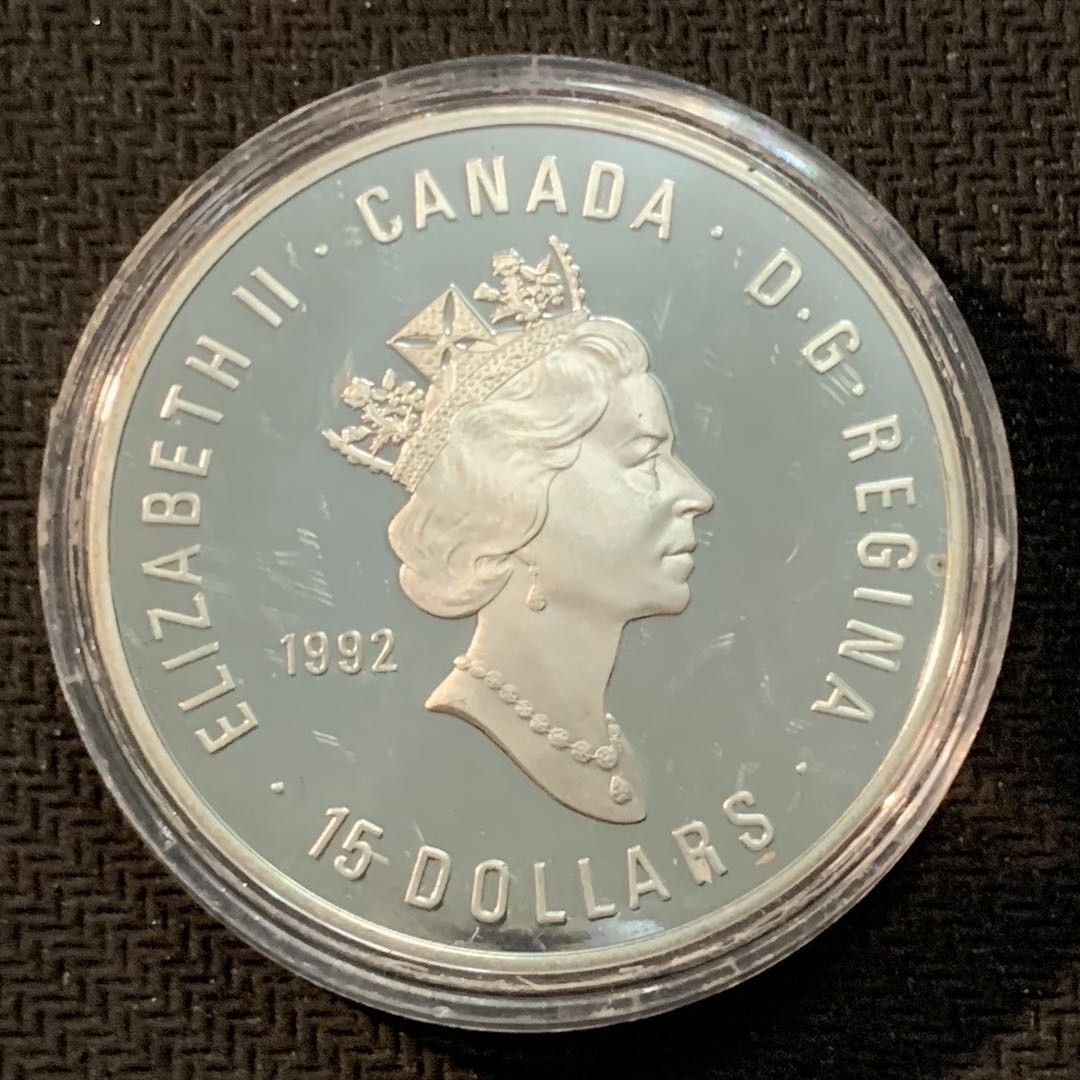 紫瑗钱币—微拍第14期  加拿大 1992年 冬奥会 吊环 15元 33.7克 0925银 精制 