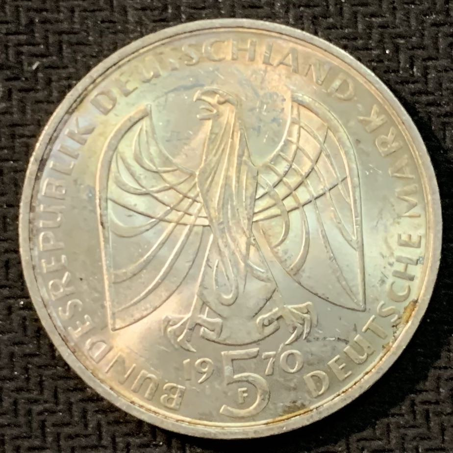 紫瑗钱币—微拍第14期  德国 1970年 F厂 贝多芬200周年  5马克 11.2克 0.25银