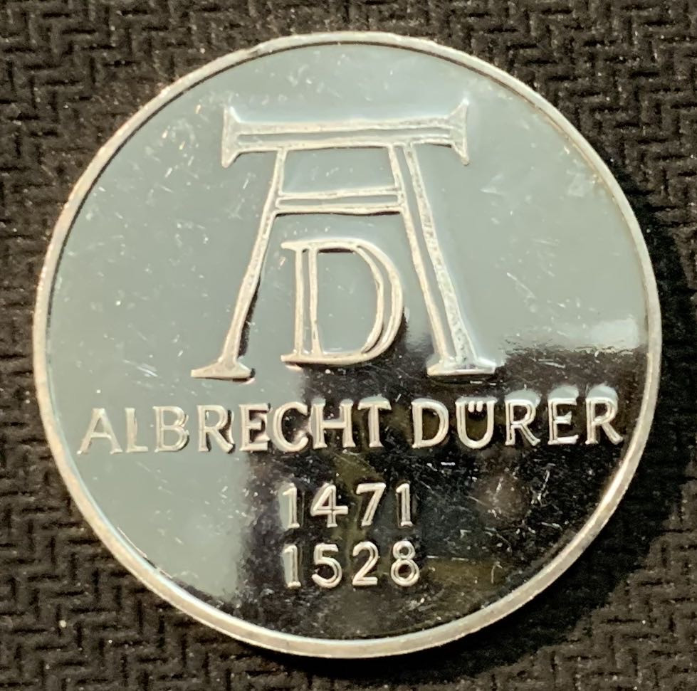 紫瑗钱币—微拍第14期  德国 1971年 D厂  丢勒500周年 5马克 11.2克 0.625银 精制